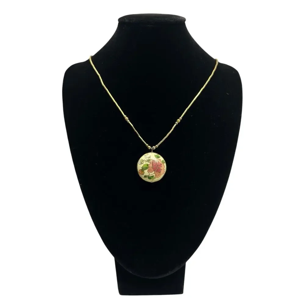 1970s Vintage Chinese Cloisonne Brass Peony Floral Pendant Necklace 18”